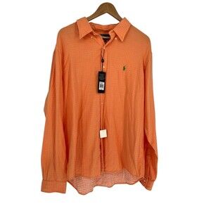 Ralph Lauren Shirt Men's Size XXL Blue Orange Plaid 100% Cotton Stretch